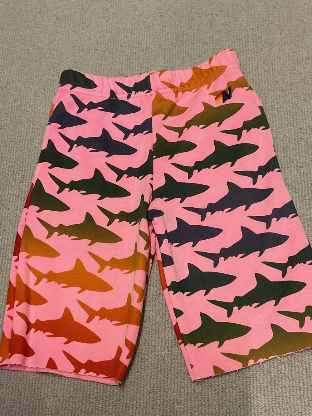 Aviator Nation Pink Shorts with Multicolor Shark Silhouettes